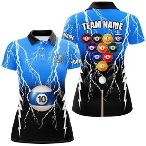 10 Ball Pool Custom Black Blue Lightning Thunder Women Polo Shirts, 10 Ball Billiard Apparel Clothing, Billiard Gifts