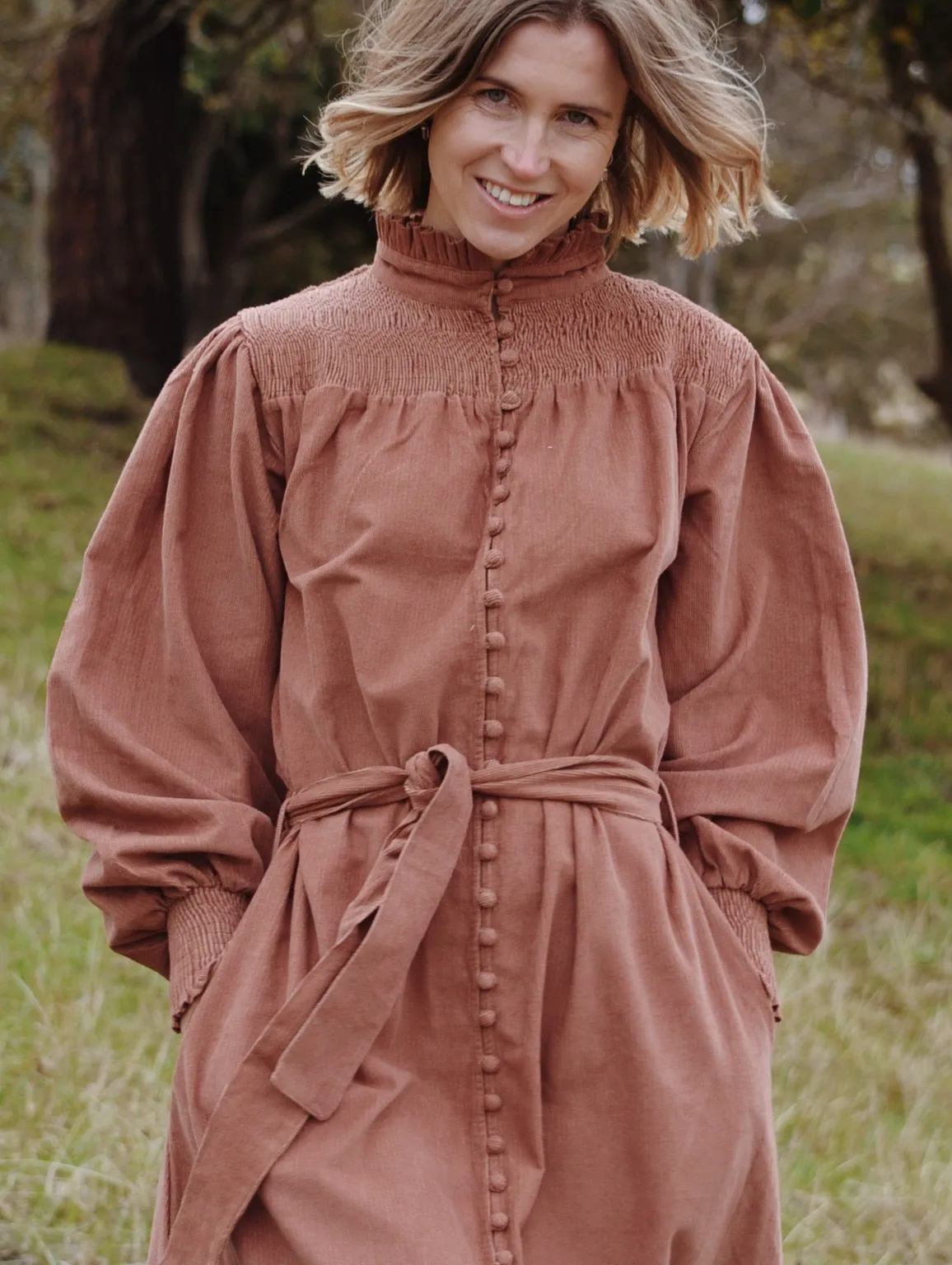 100% RECYCLED COTTON CORDUROY - CLOTHILDE DRESS CINNAMON