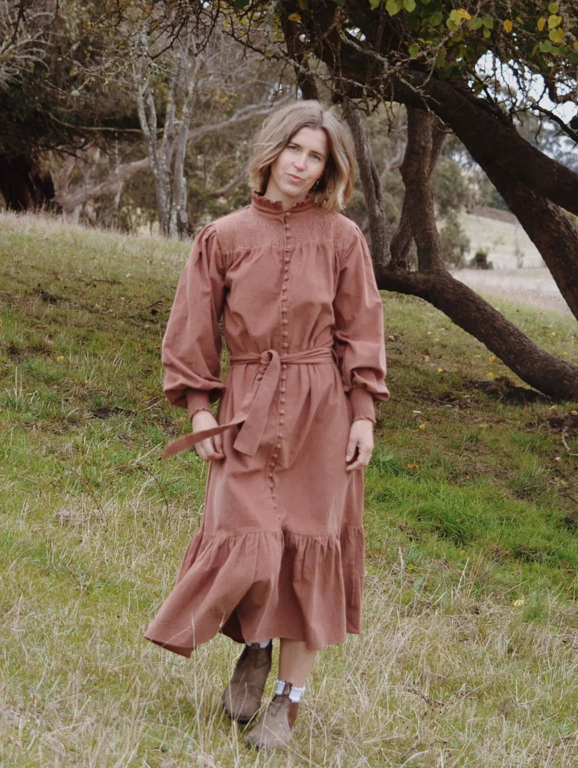 100% RECYCLED COTTON CORDUROY - CLOTHILDE DRESS CINNAMON