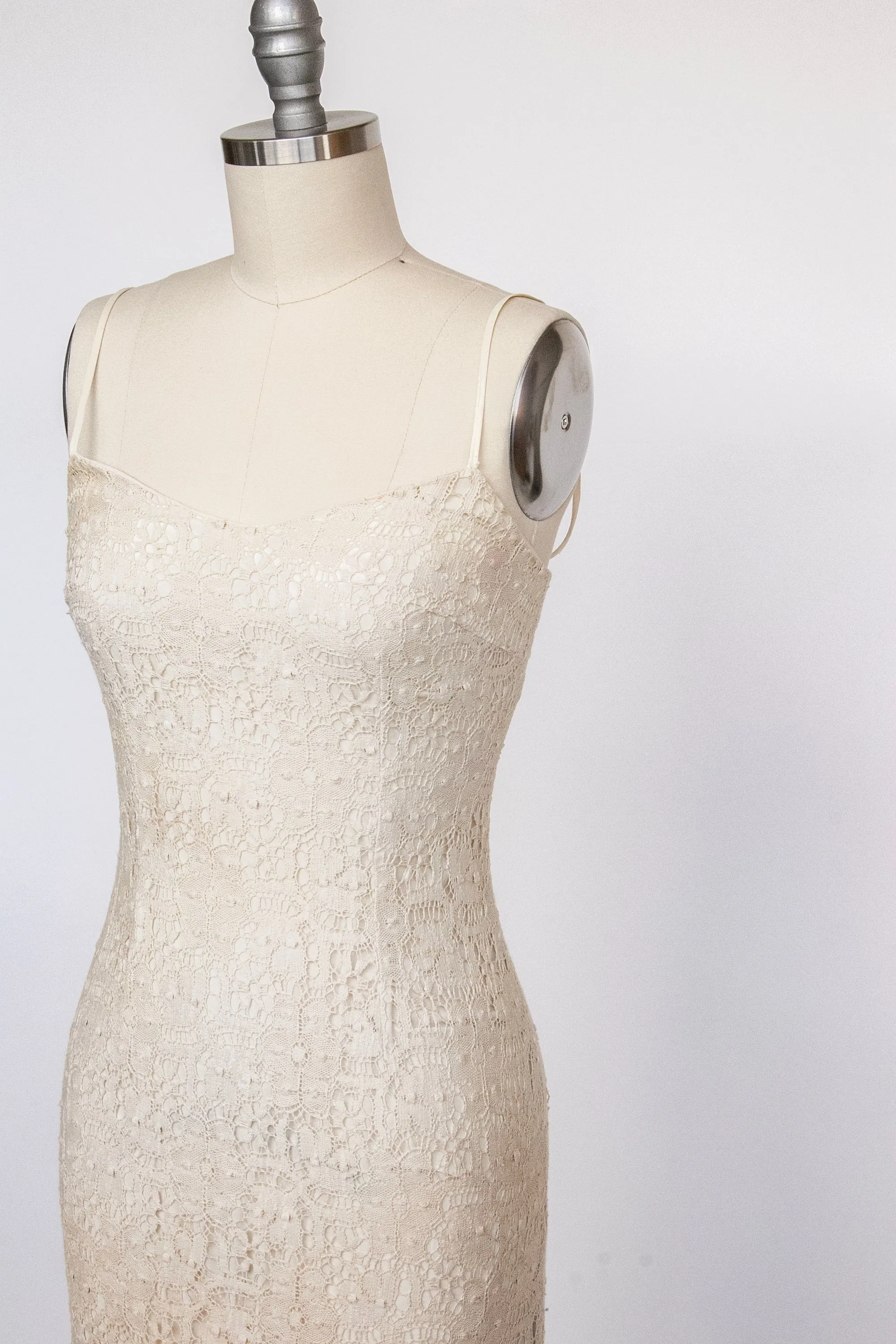 1990s Mini Dress Irish Lace Beige XS P