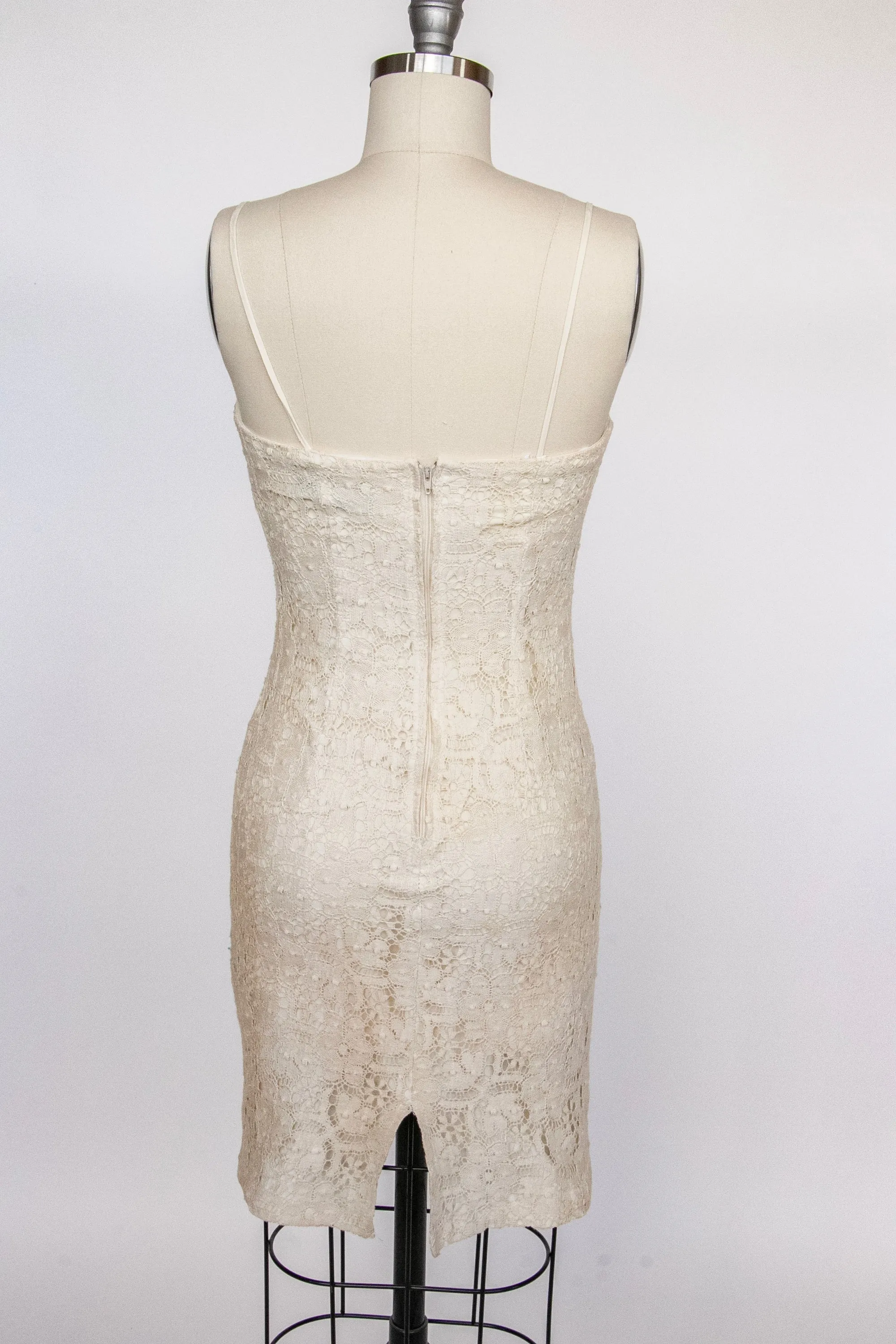 1990s Mini Dress Irish Lace Beige XS P