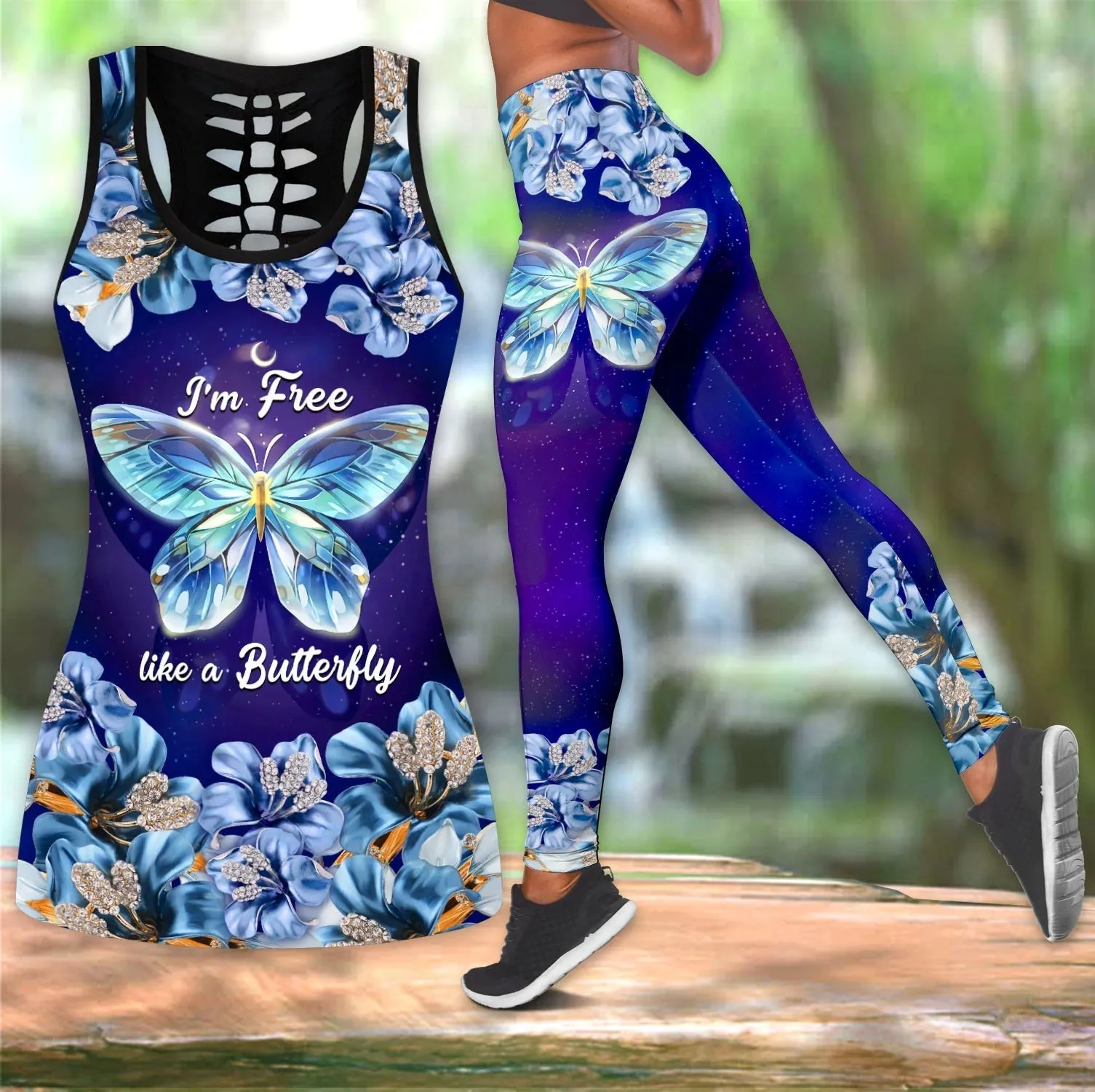 3D All Over Print Butterfly Mandala Gold Combo Legging Hollow Tanktop, Butterfly Hollow Tank Set For Her