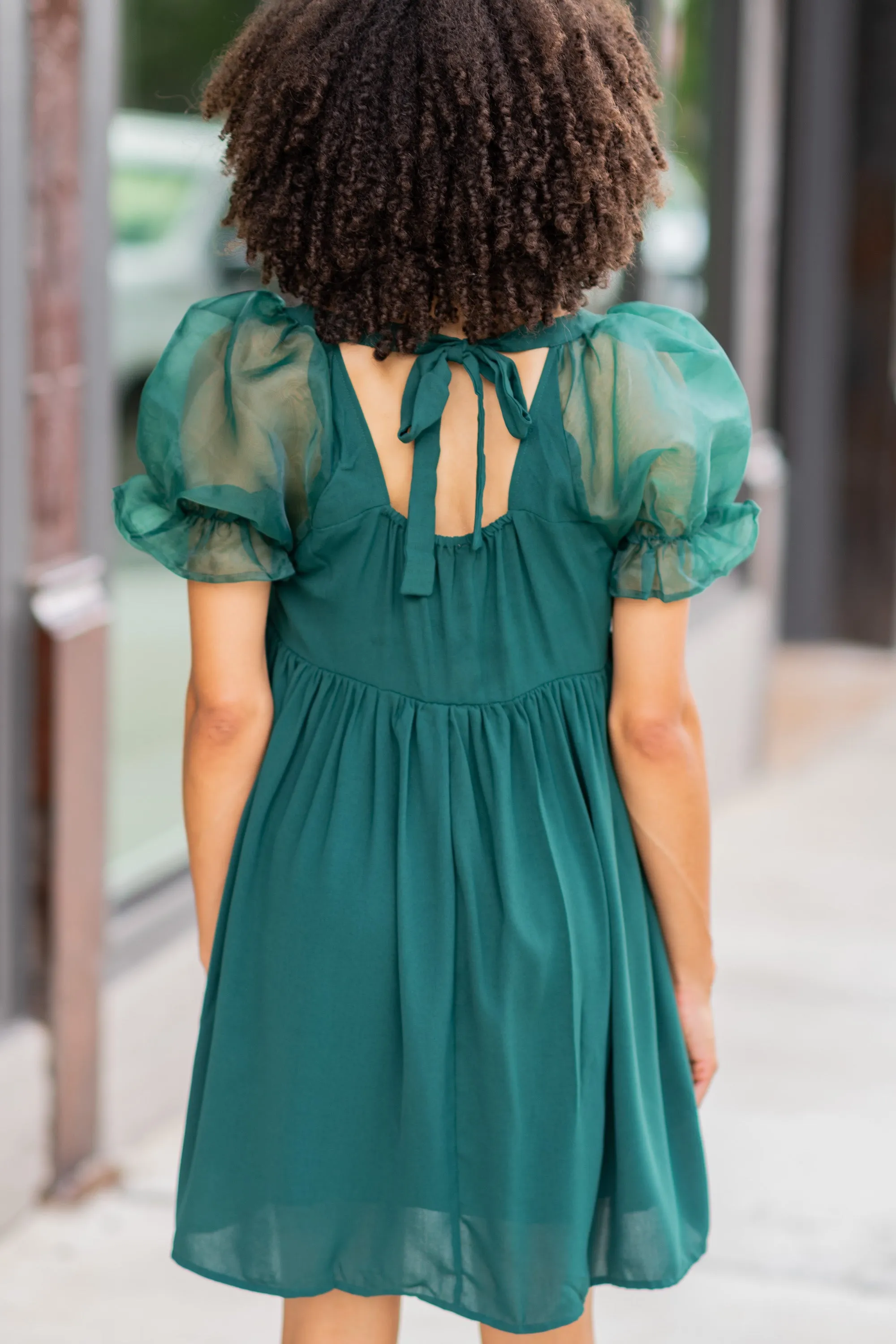 A Step Above Hunter Green Bubble Sleeve Dress