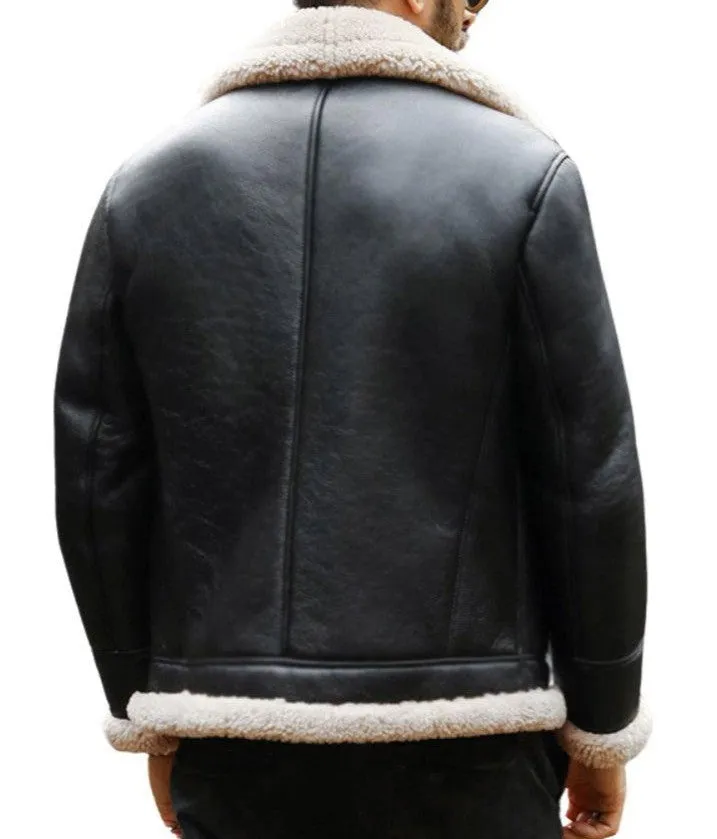 Axis Black Leather Bomber Jacket with Faux Shearling Lining