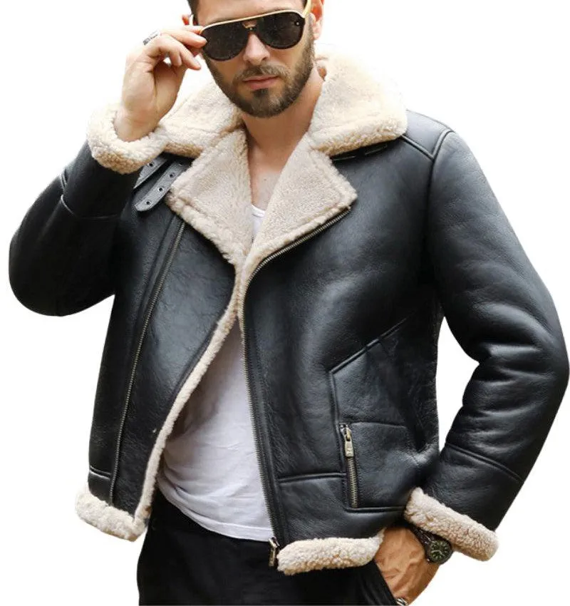 Axis Black Leather Bomber Jacket with Faux Shearling Lining