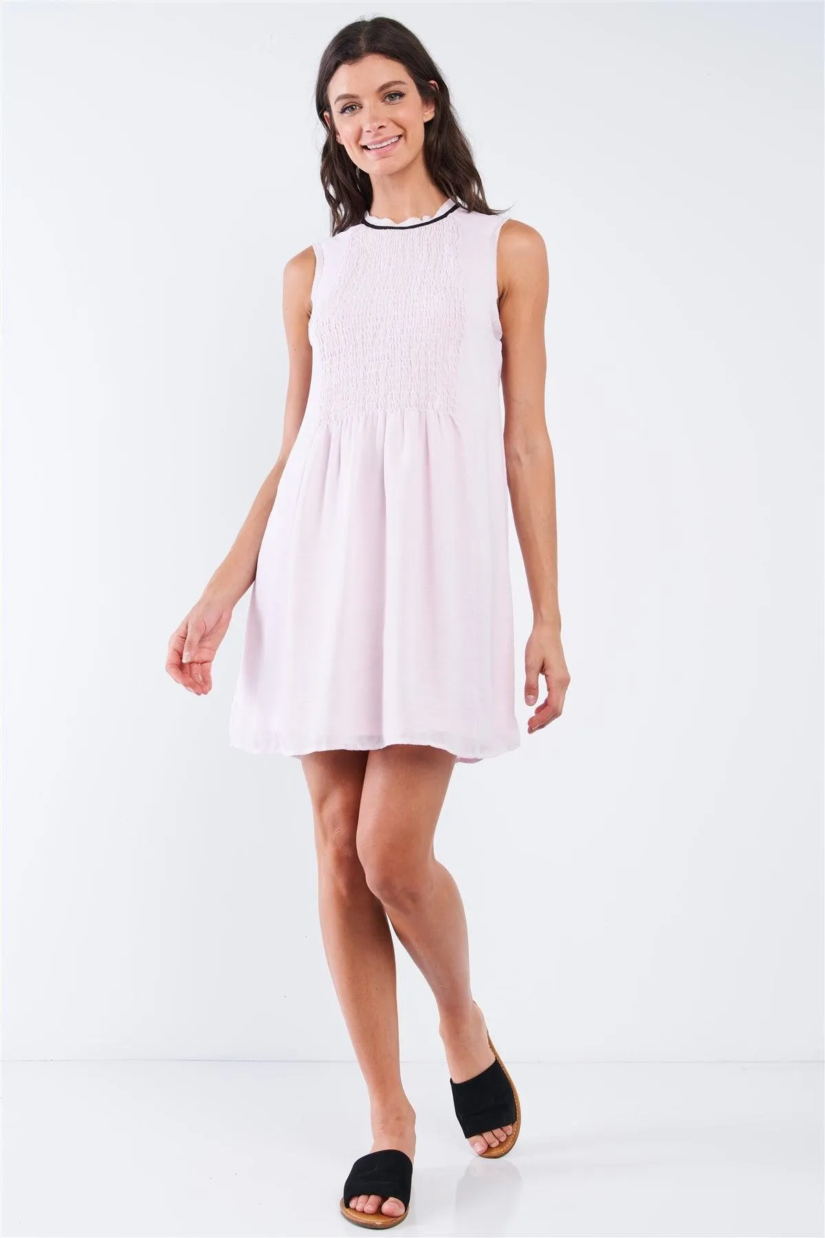 Baby Pink Sleeveless Round Neck Loose Fitting Smock Front Detail BabyDoll Mini Dress