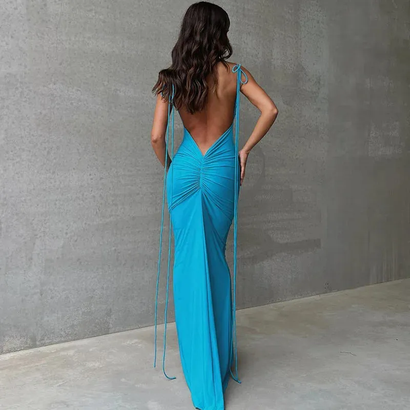 Backless Ruched Tie Charming Up Maxi Dress