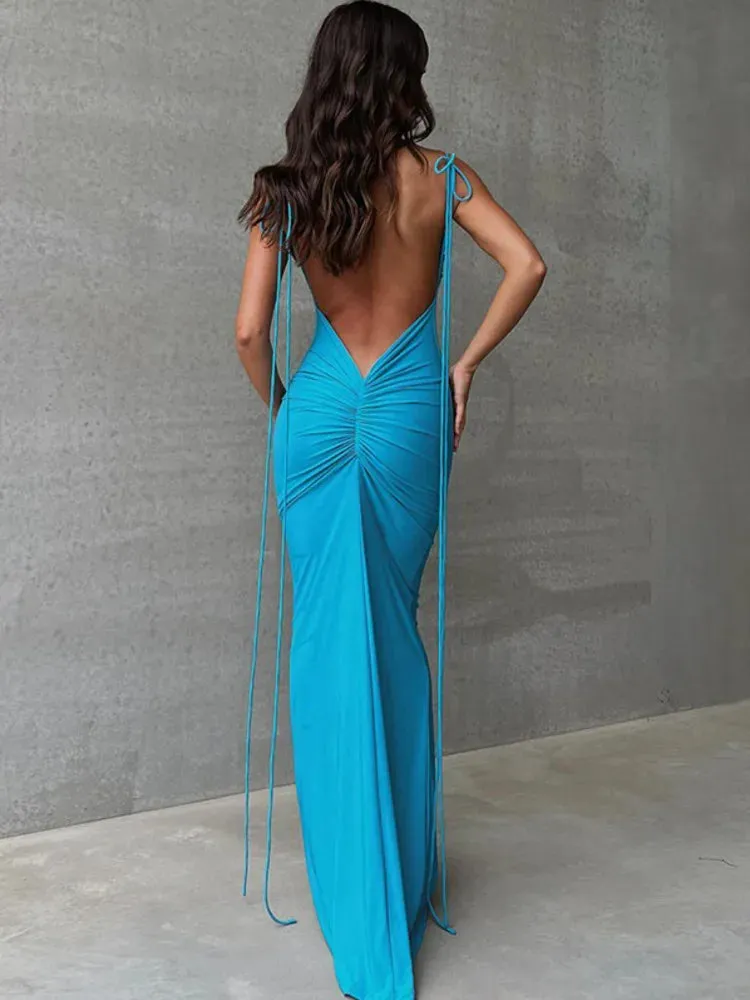 Backless Ruched Tie Charming Up Maxi Dress