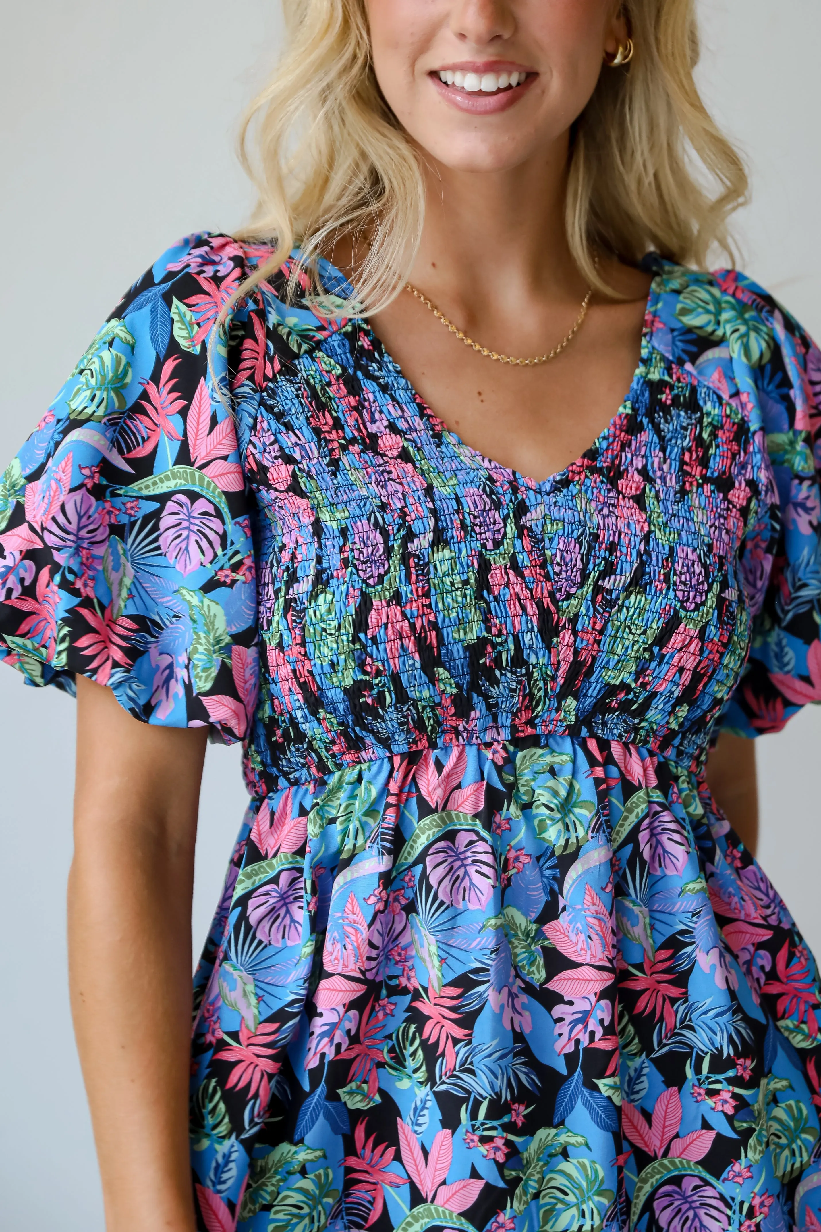 Bahama Beauty Blue Leaf Print Mini Dress