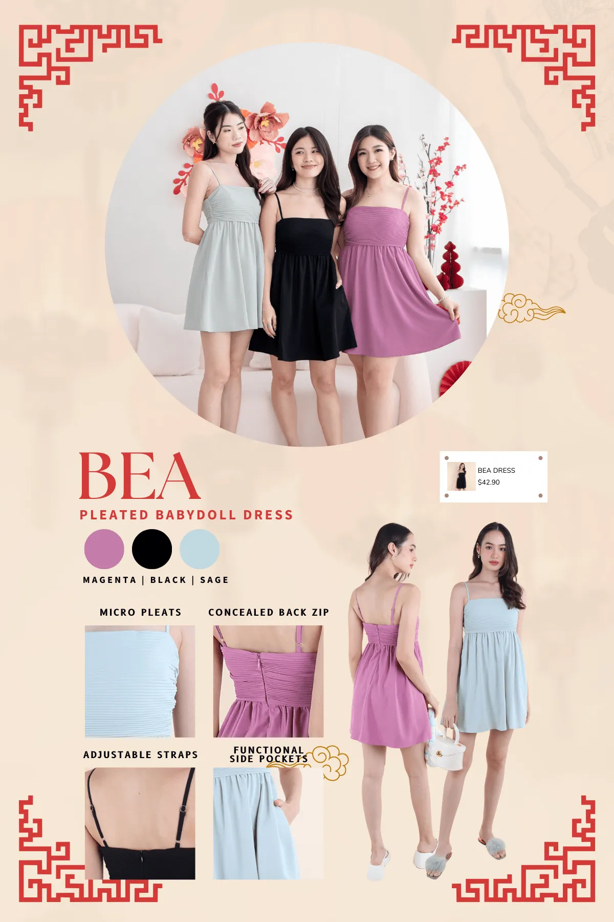 BEA PLEATED BABYDOLL DRESS IN SAGE