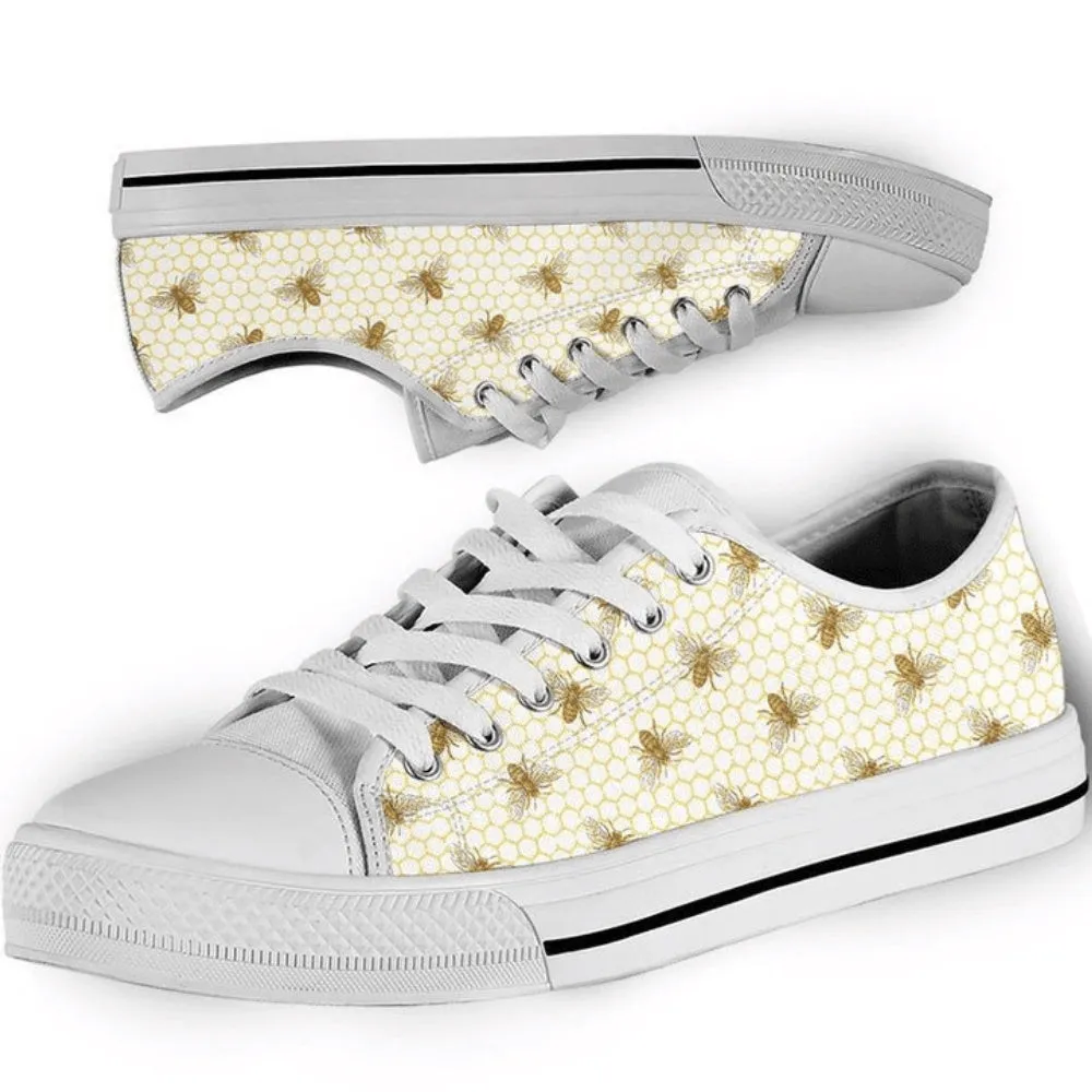 Bee Pattern Low Top Shoes Sneaker, Animal Print Canvas Shoes, Print On Canvas Shoes