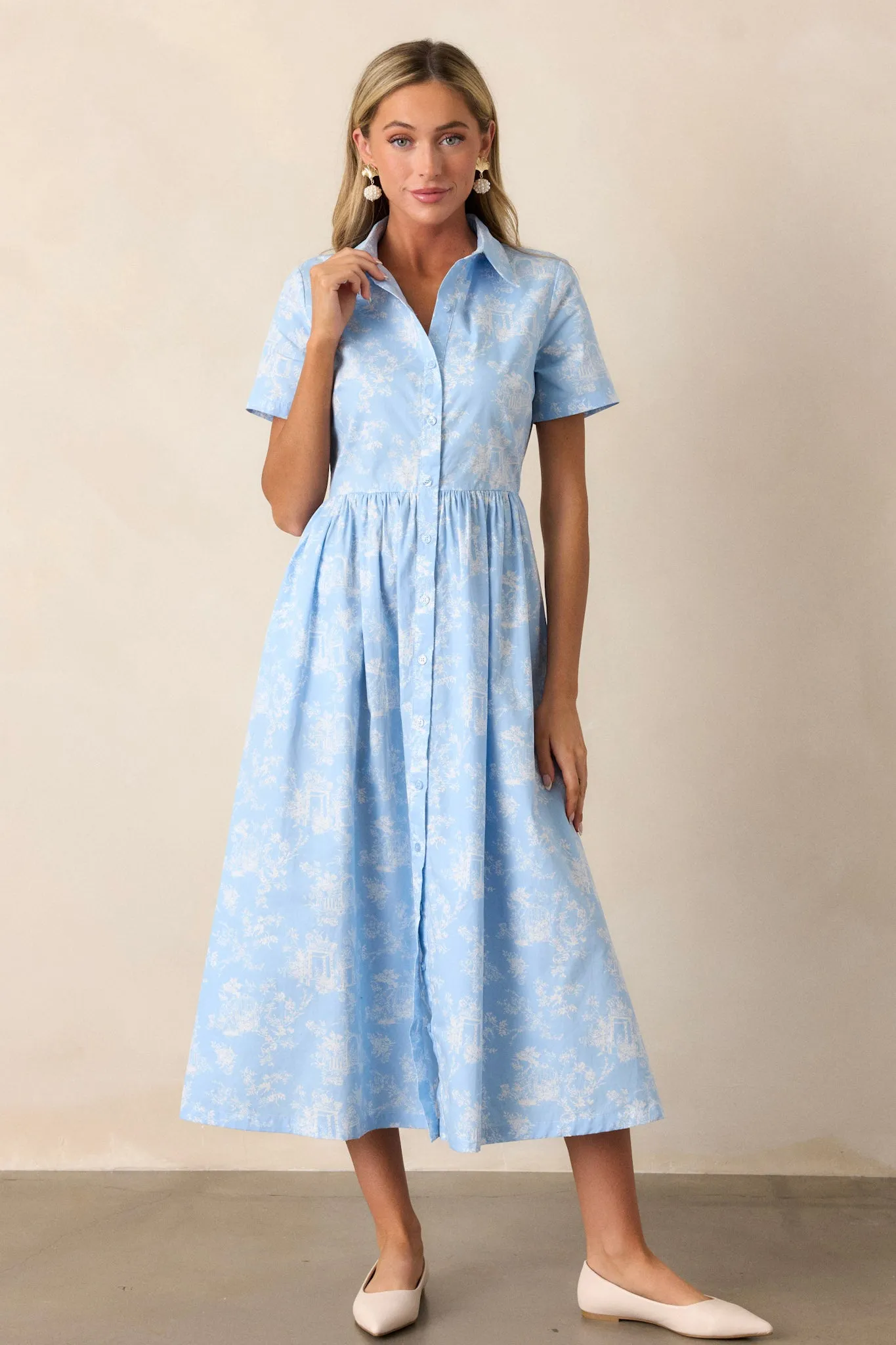 Believe It 100% Cotton Light Blue Toile Midi Dress