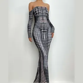 BerriesJam - Polka Dot Thermal Off Shoulder Long Sleeve Backless Maxi Dress