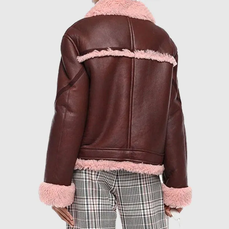 Best Winter Sheepskin Burgundy Shearling Lined Leather Fur Jacket