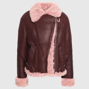 Best Winter Sheepskin Burgundy Shearling Lined Leather Fur Jacket