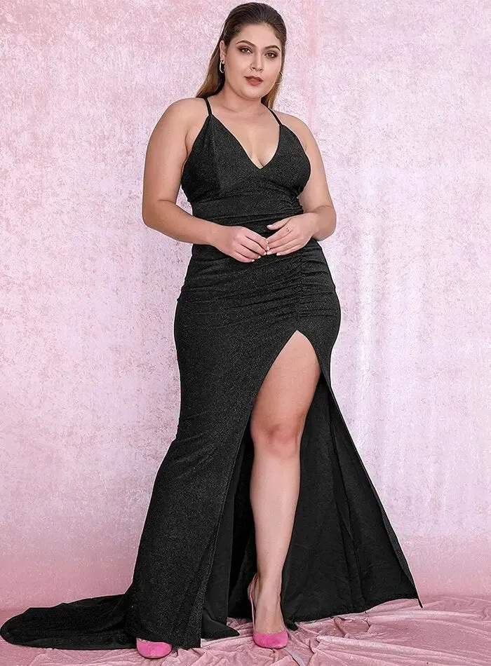 Black Cut Out Shiny Elastic Fabric Maxi Dress