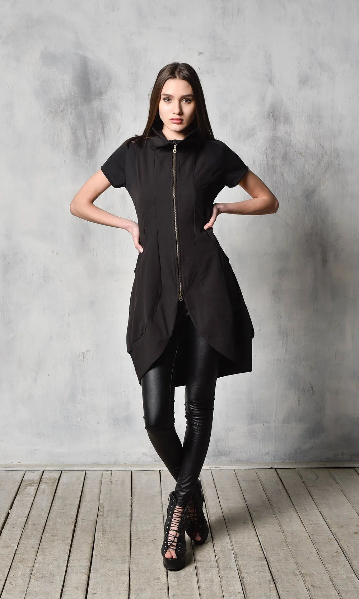 Black Tunic Dress with Front Zipper