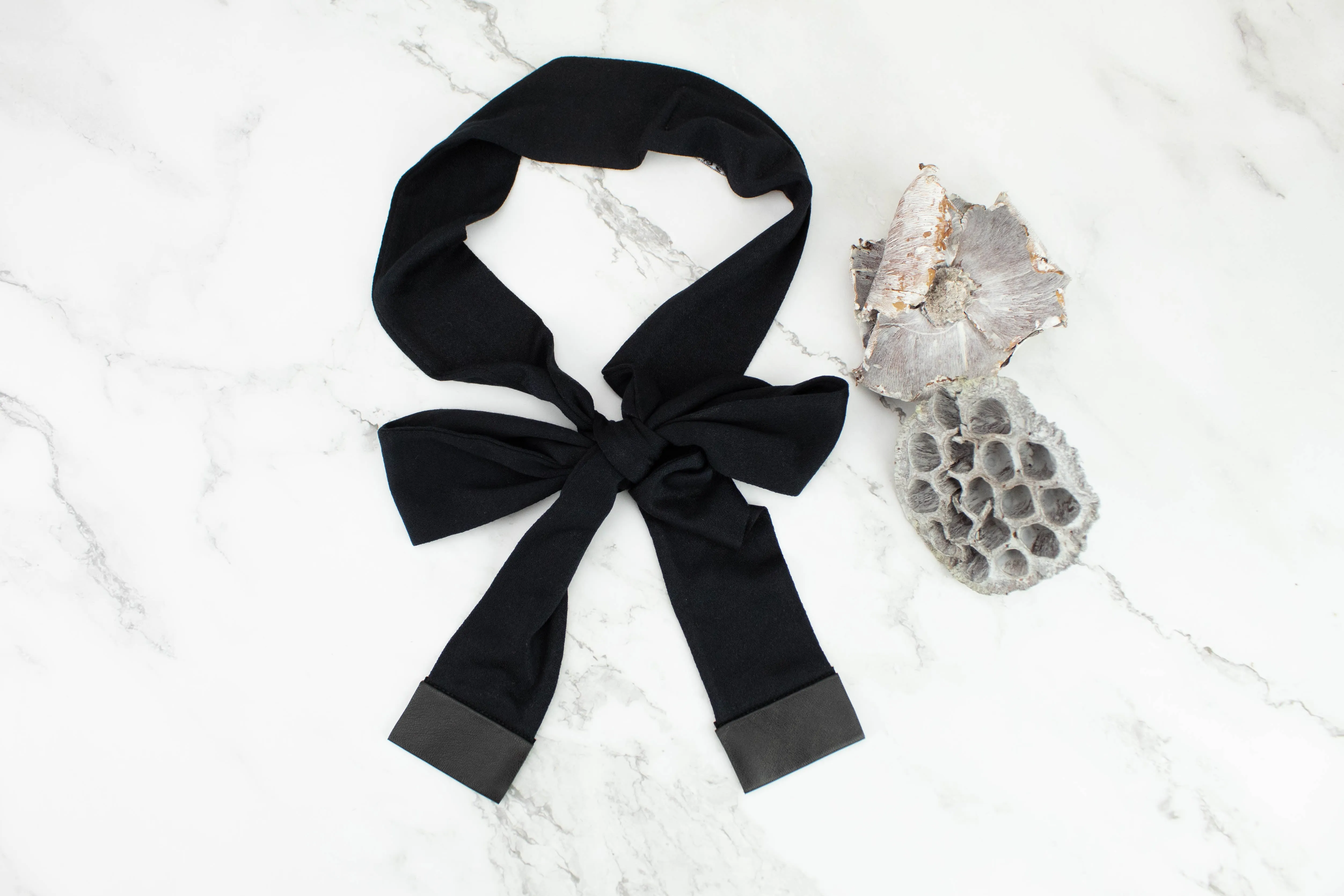 Black with Leather Tip Skinny Scarf