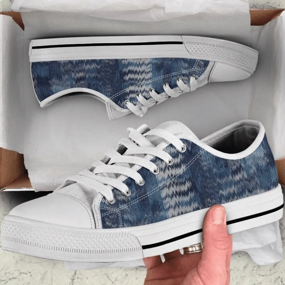 Blue Denim Print Distorted Abstract Art Low Top Shoes, Low Top Sneaker, Low Top Canvas Shoes