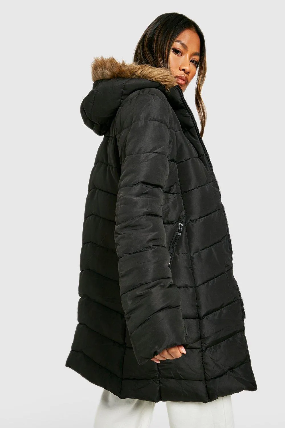 Boohoo Faux Fur Hooded Parka, Black