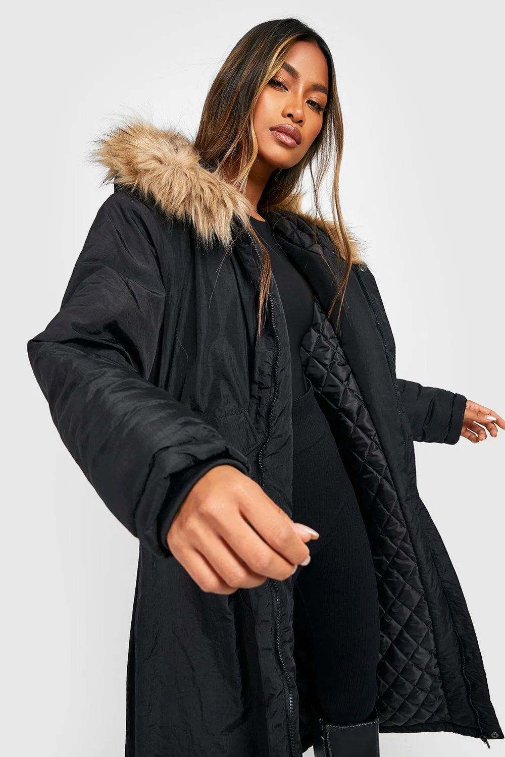 Boohoo Faux Fur Trim Parka, Black