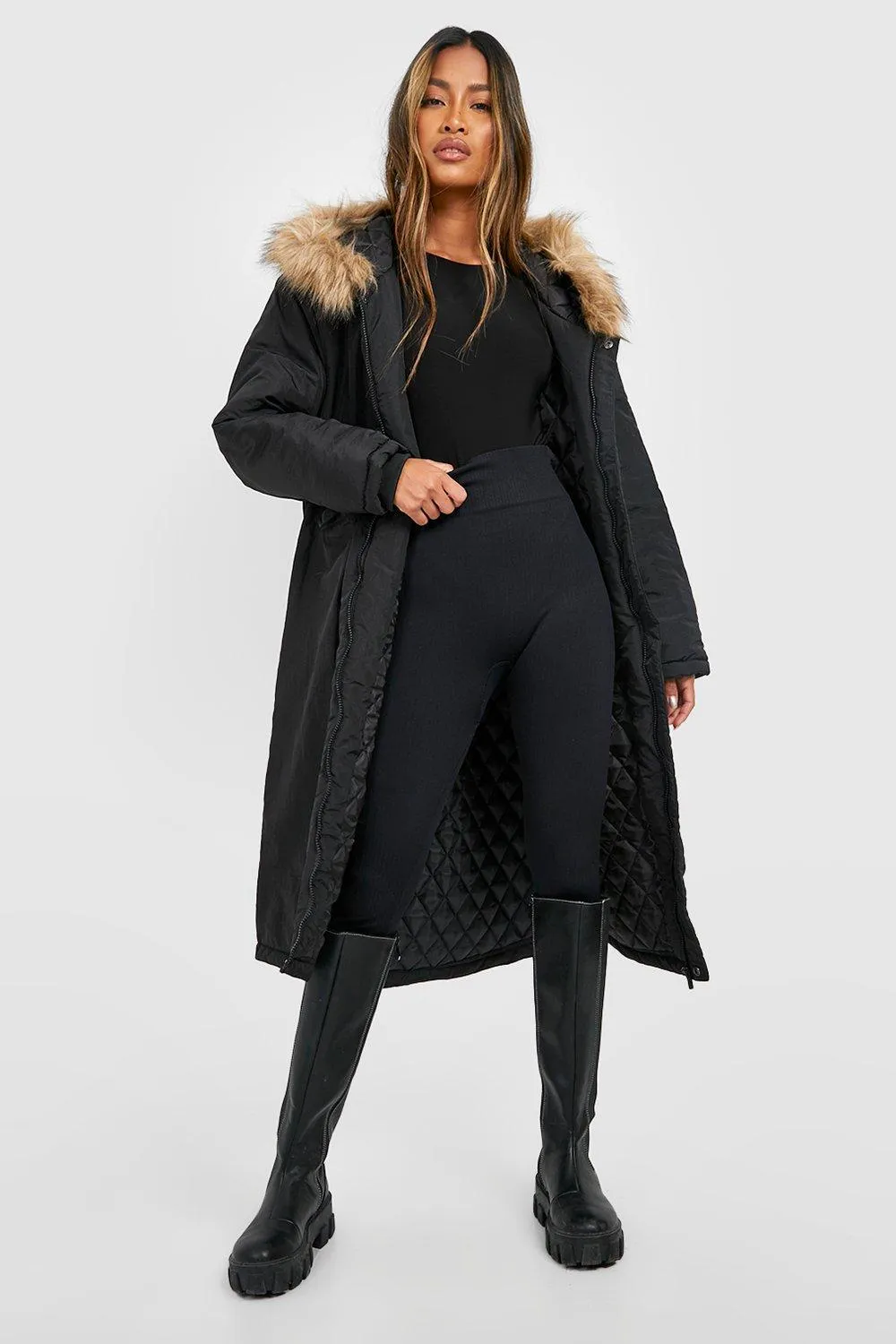 Boohoo Faux Fur Trim Parka, Black