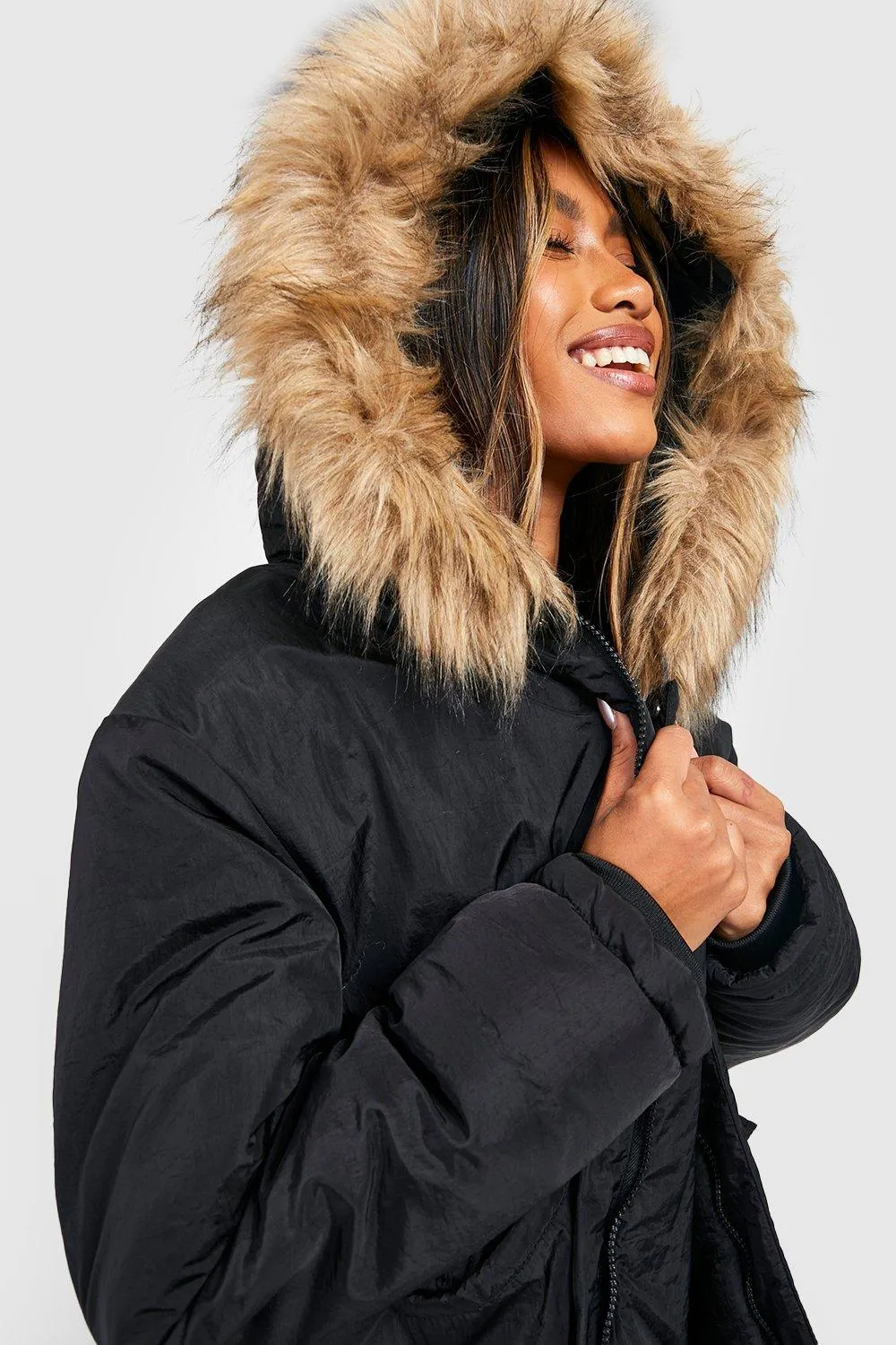 Boohoo Faux Fur Trim Parka, Black