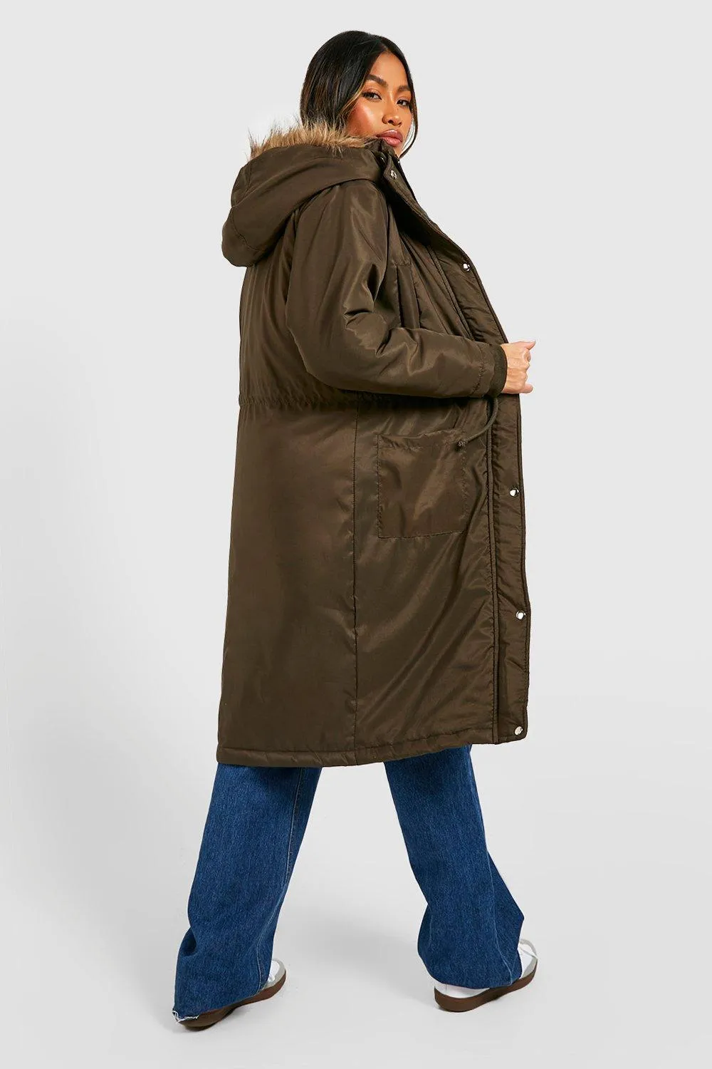 Boohoo Long Parka with Faux Fur Trim, Khaki