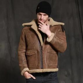 Brown Sheepskin Fur Shearling Leather Jacket Coat for Men