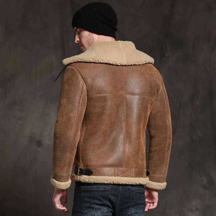 Brown Sheepskin Fur Shearling Leather Jacket Coat for Men