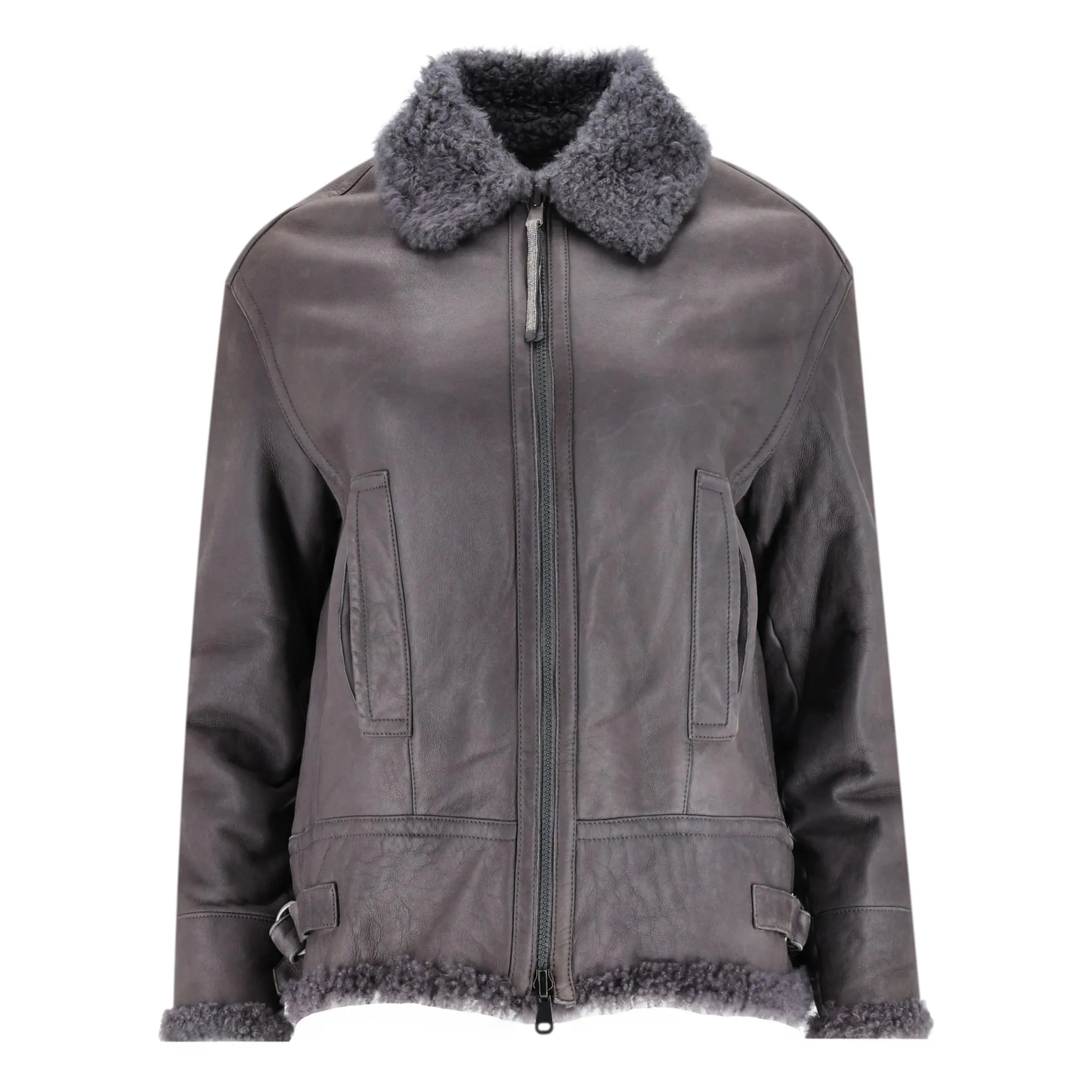 Brunello Cucinelli Leather & Shearling Jacket. Size 38IT