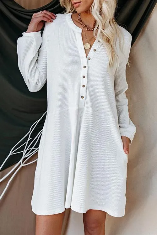 Button Puff Long Sleeve Swing Dress