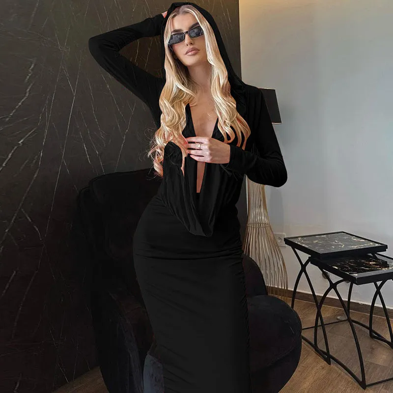 Camilla Deep V Neck Hooded Maxi Dress