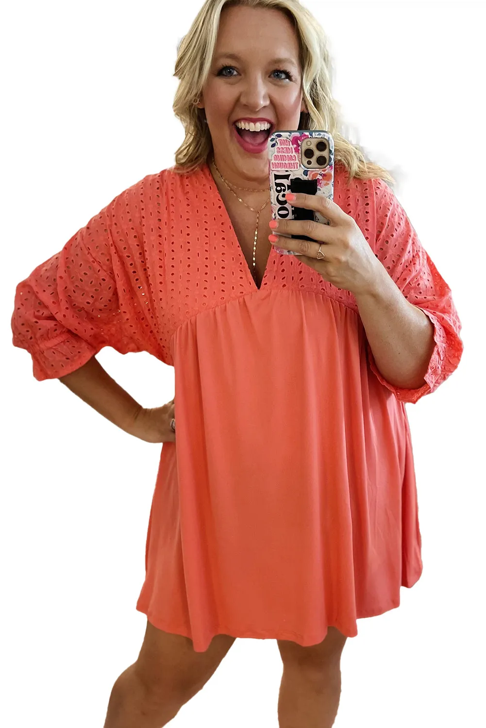 Carrot Plus Size Eyelet V Neck Babydoll Dress