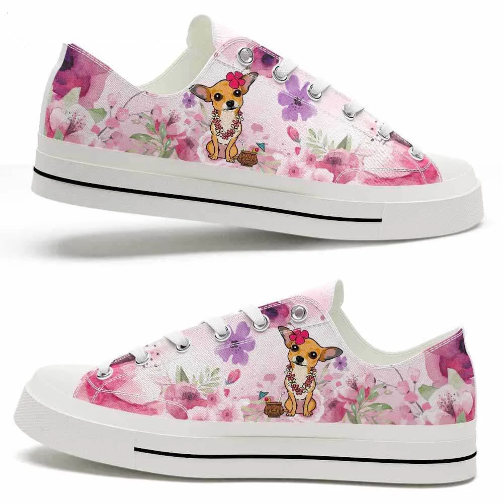 Chihuahua Wear Flowers Pink Low Top Shoes - Happy International Dog Day Canvas Sneaker, Dog Printed Shoes, Canvas Shoes For Men, Women