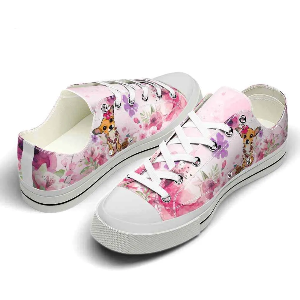 Chihuahua Wear Flowers Pink Low Top Shoes - Happy International Dog Day Canvas Sneaker, Dog Printed Shoes, Canvas Shoes For Men, Women