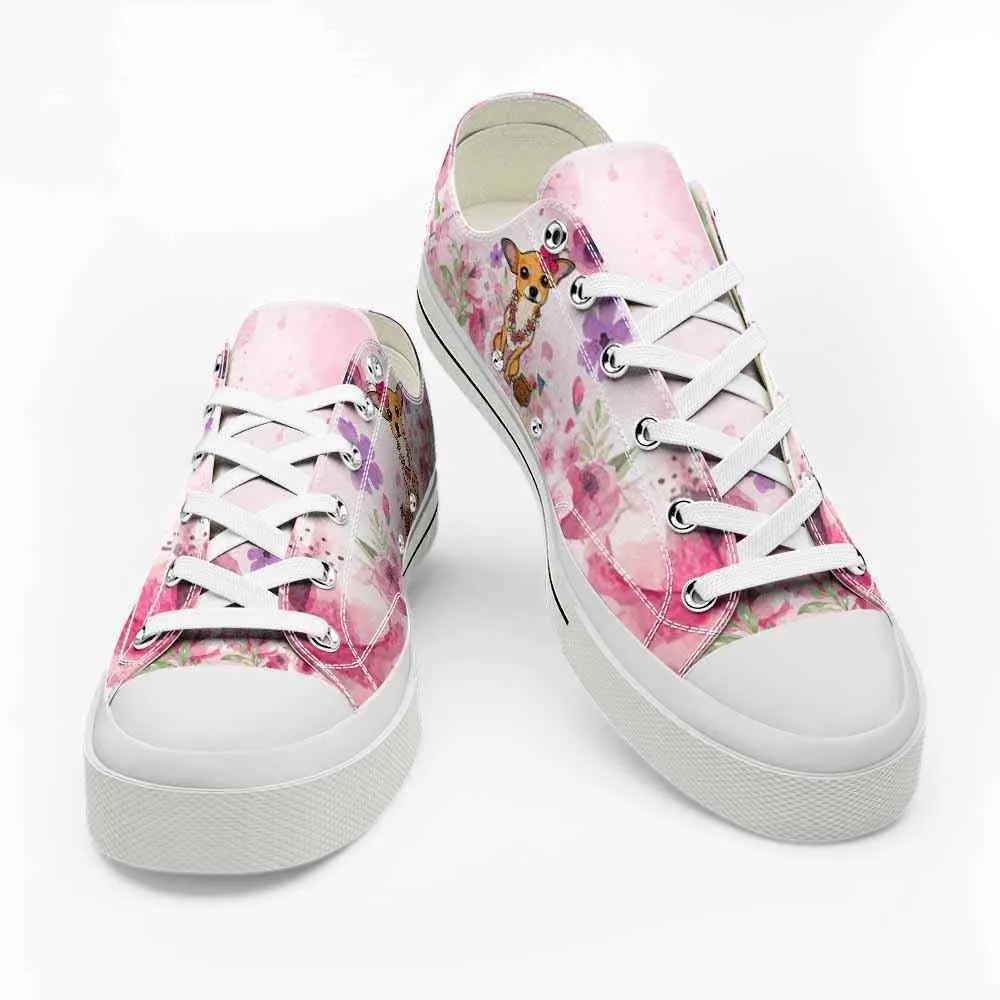 Chihuahua Wear Flowers Pink Low Top Shoes - Happy International Dog Day Canvas Sneaker, Dog Printed Shoes, Canvas Shoes For Men, Women