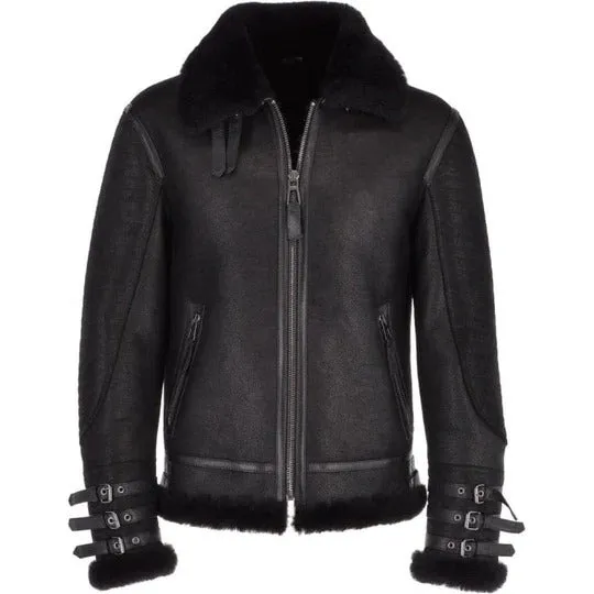 Classic Black Aviator Flying Bomber Shearling Leather Jacket for Men