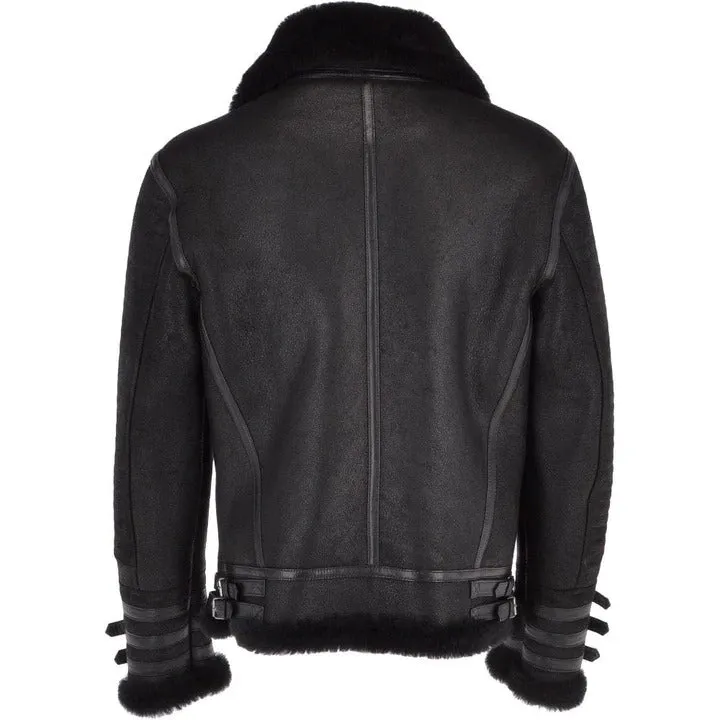 Classic Black Aviator Flying Bomber Shearling Leather Jacket for Men