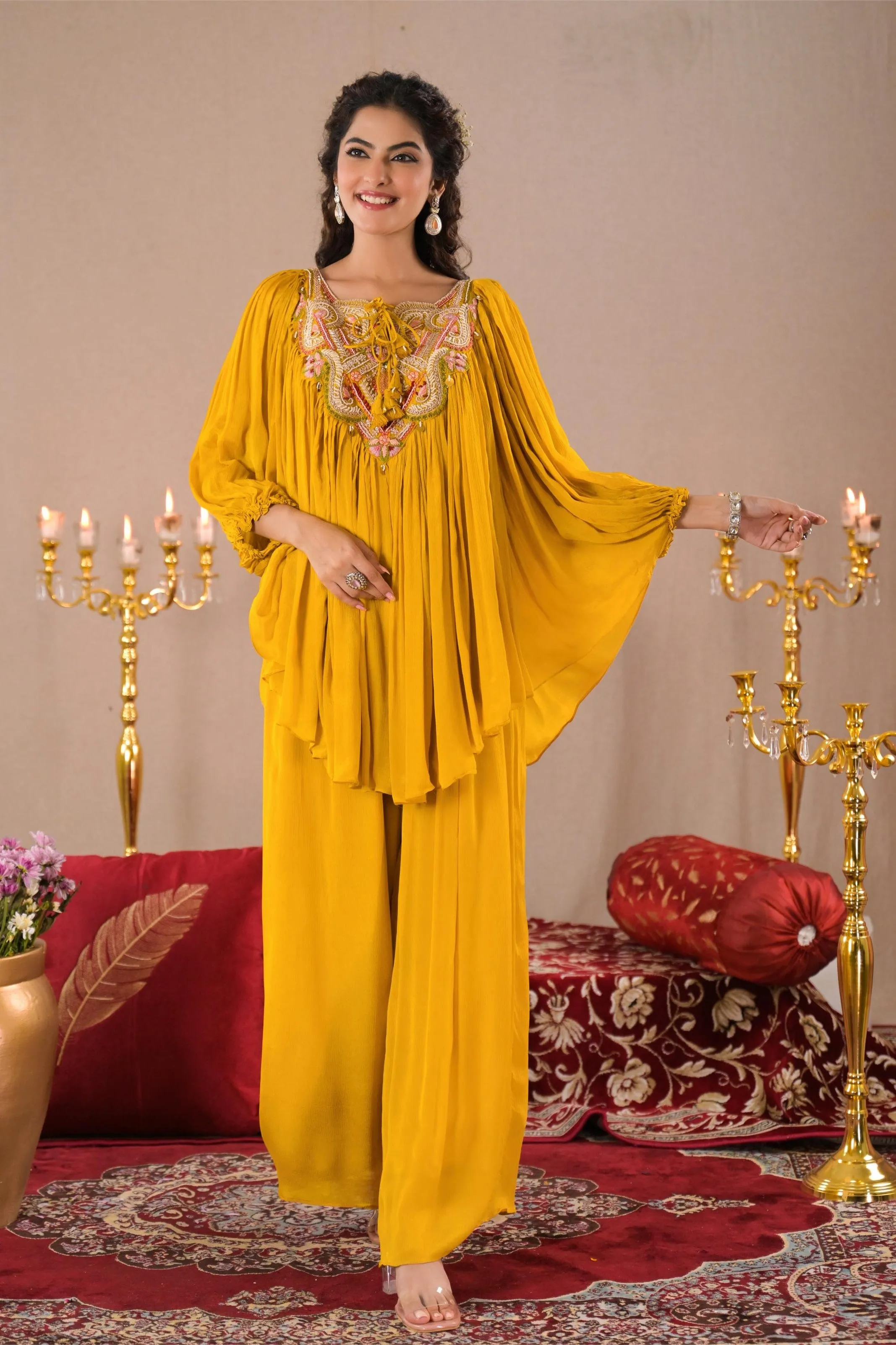 Classic Yellow Embroidered Chinon Silk Tunic & Palazzo Set