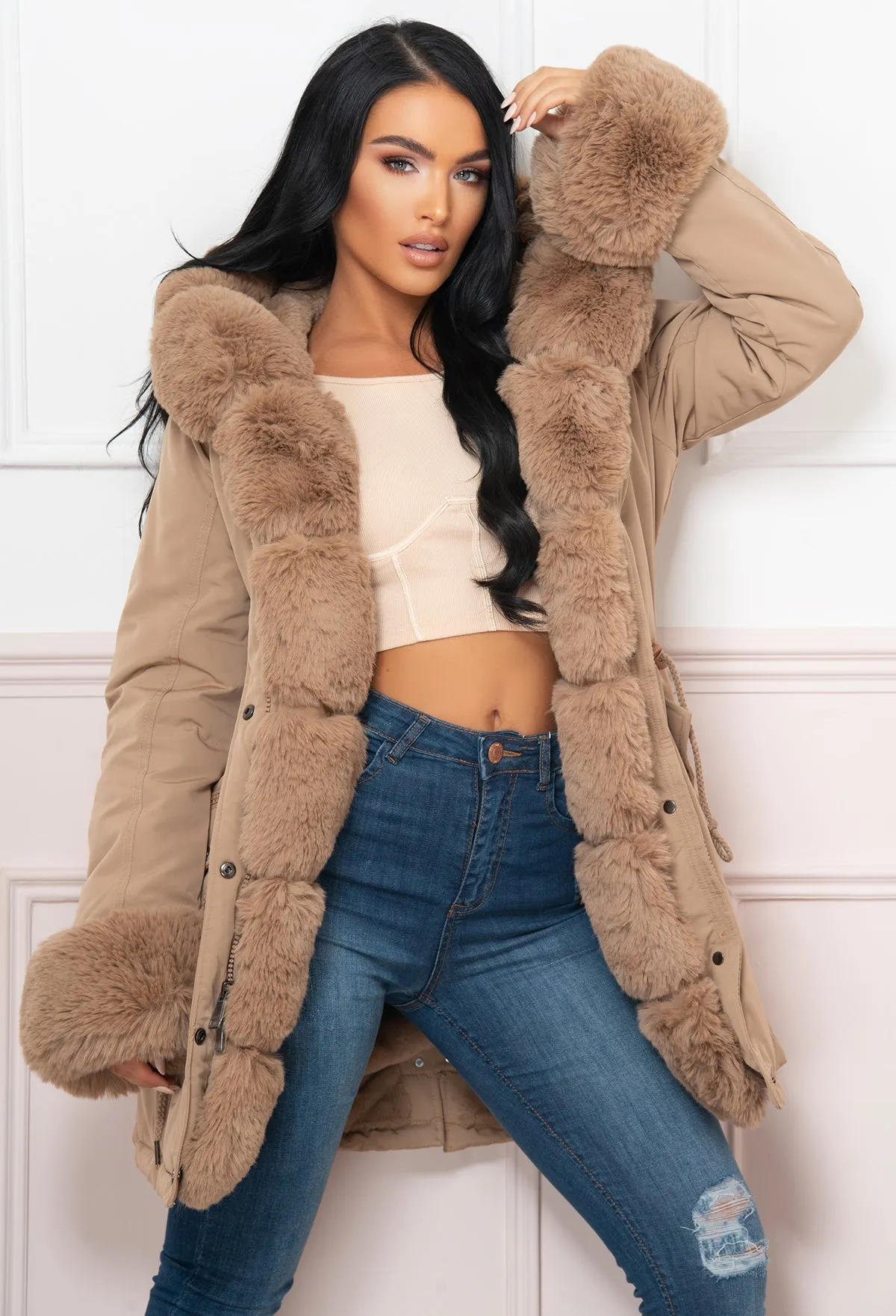 Cocoa Kisses Tan Fur Trim Parka Coat