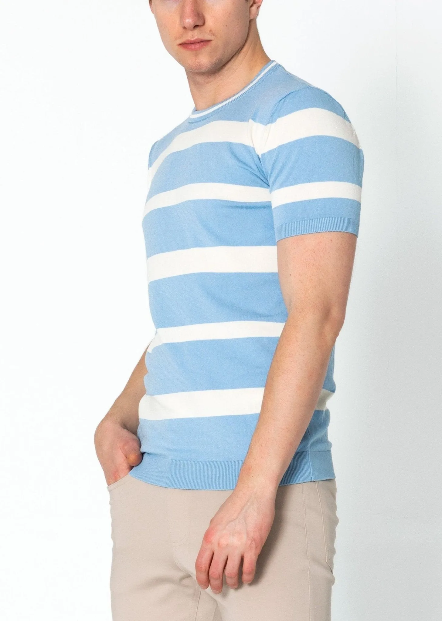 Crew-neck Knitted Striped Shirt - Blue