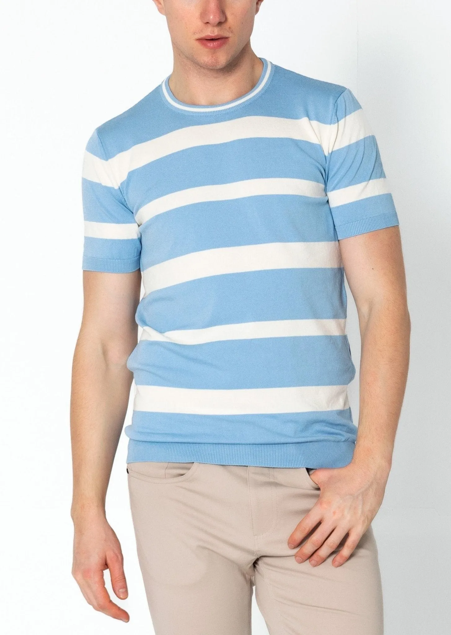 Crew-neck Knitted Striped Shirt - Blue