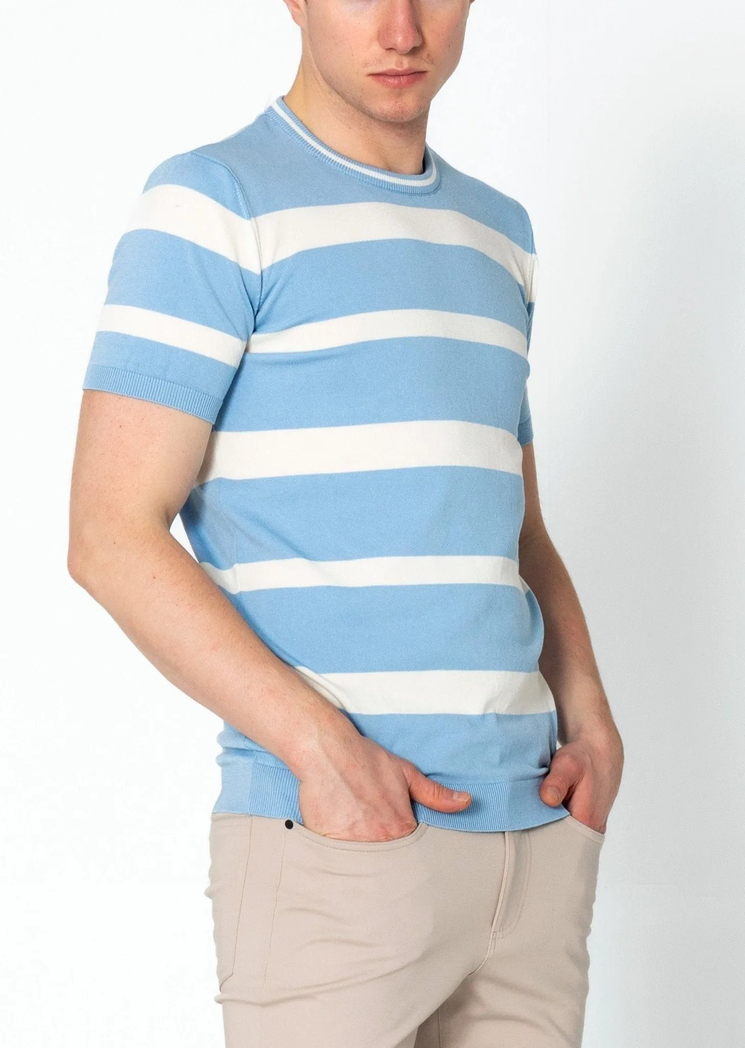 Crew-neck Knitted Striped Shirt - Blue