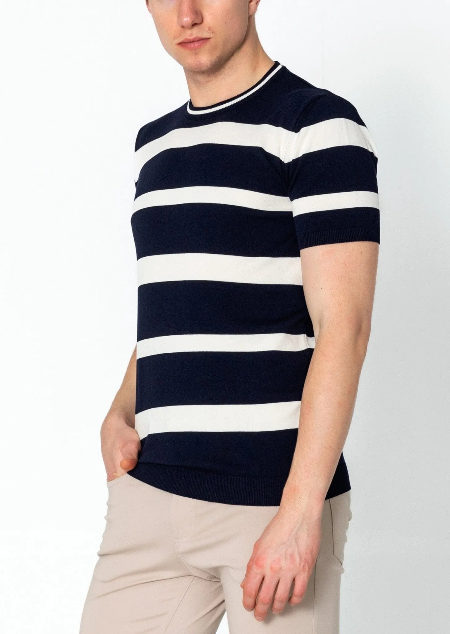 Crew-neck Knitted Striped Shirt - Navy