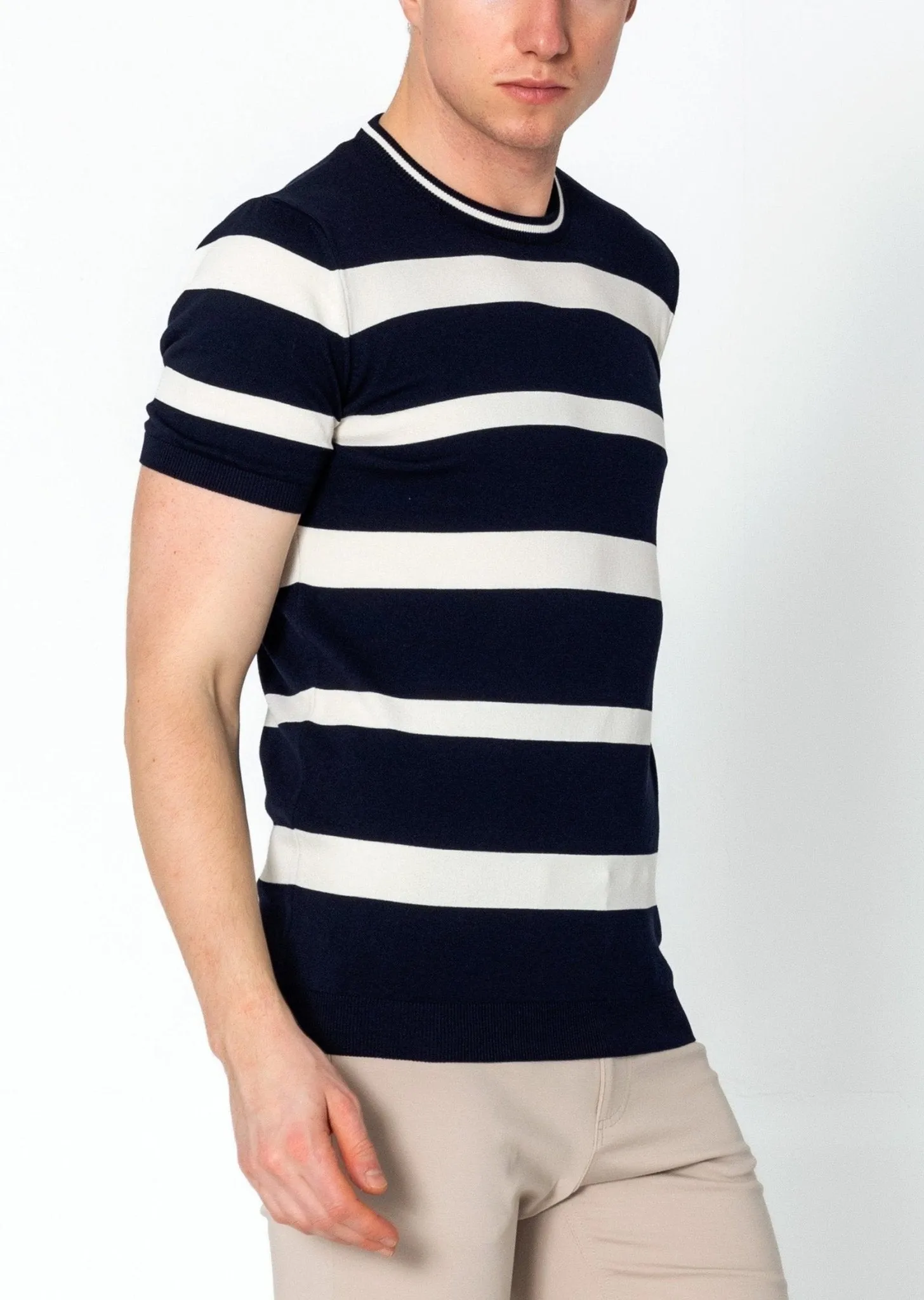 Crew-neck Knitted Striped Shirt - Navy