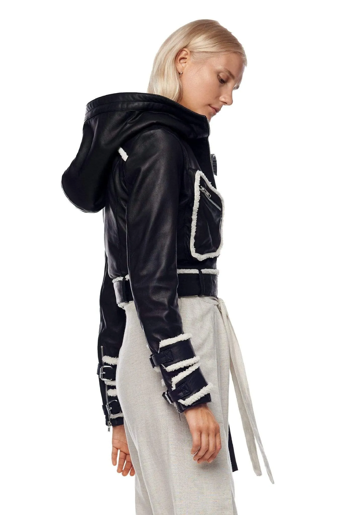 CROPPED LEATHER JACKET WITH HOOD