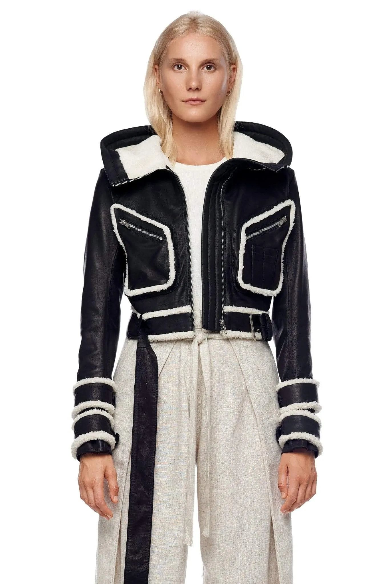 CROPPED LEATHER JACKET WITH HOOD