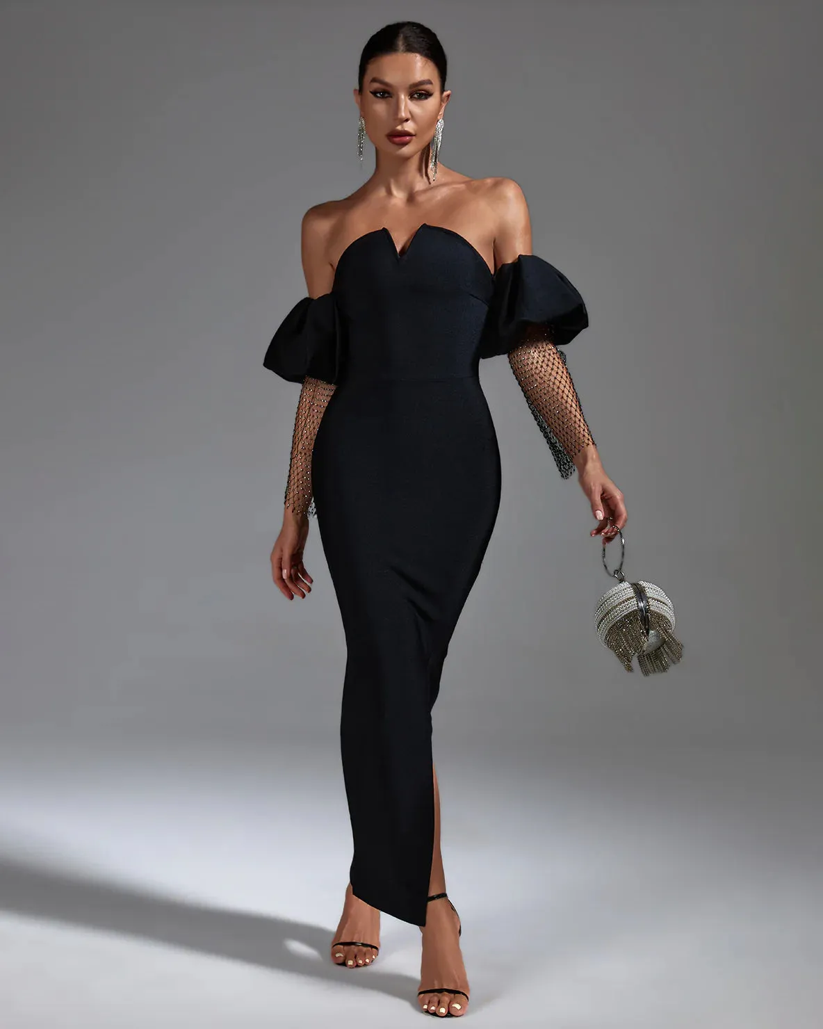 DAGMAR Black Puffed Sleeve Bandage Maxi  Dress