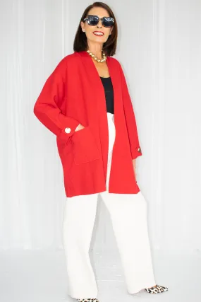 Diana Mid Length Knit Jacket with gold accent in Red